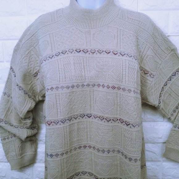 Vintage 80s Basic Editions Oversize Mockneck Tunic Sweater Lady-M Hearts Beige - Picture 3 of 9